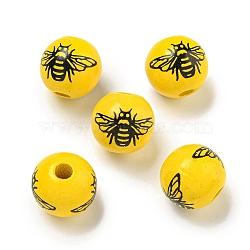 Printed Wood European Beads, Halloween Theme Beads, Round, Gold, 15.5~16mm, Hole: 4~4.5mm(WOOD-G022-08A-02)