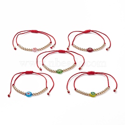 Adjustable Nylon Cord Braided Bead Bracelets, with Flat Round Millefiori Glass Beads and Golden Plated Brass Round Beads, Mixed Color, Inner Diameter: 1~3-5/8 inch(2.5~9.2cm)(BJEW-JB05799)