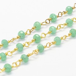 Natural White Jade Beaded Chains, Handmade Chains, with Spool, Unwelded, Dyed, Faceted Rondelle, with Brass Findings, Golden, Turquoise, 4x3mm, about 16.4 Feet(5m)/roll(CHC-G312-G02)