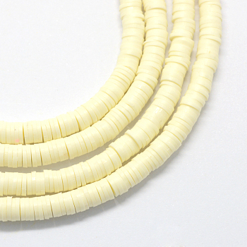 Flat Round Handmade Polymer Clay Bead Spacers, Light Goldenrod Yellow, 4x1mm, Hole: 1mm, about 380~400pcs/strand, 17.7 inch
