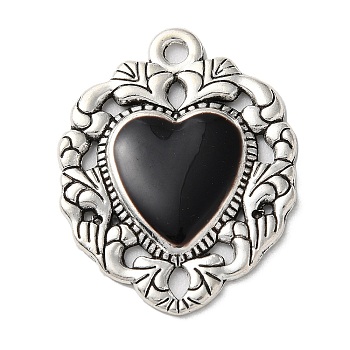 Alloy Pendants, with Black Enamel, Antique Silver, Heart, 34x26x3mm, Hole: 2mm