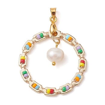 Golden Alloy Pendants, with Natural Shell & Glass Seed Beadss, Ring Charms, Colorful, 32.5x3.5mm, Hole: 4.5x4mm