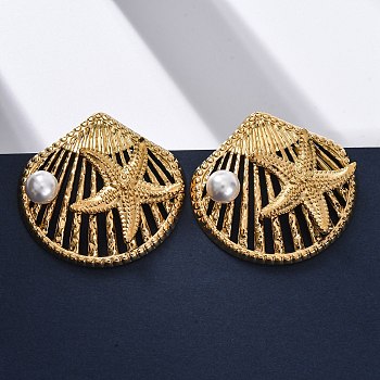 Shell Shape with Starfish 304 Stainless Steel Plastic Imitation Pearl Stud Earrings, Real 18K Gold Plated, 34x35mm