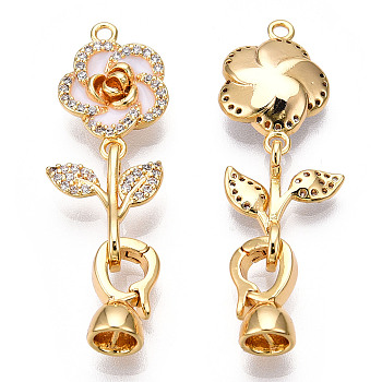 Brass Crystal Rhinestone Fold Over Clasps, with Enamel, Real 18K Gold Plated, Flower, White, Flower: 17x12x4mm, Leaf: 15x12.5x4.5mm, Clasps: 12x7x6mm, Inner Diamater: 4.5mm, Pin: 0.6mm
