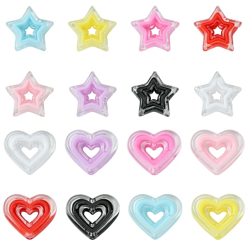 64Pcs 16 Styles Acrylic Beads, Bead in Bead, Star/Heart, Mixed Color, 19.5~22x23x6mm, Hole: 2~3mm, 