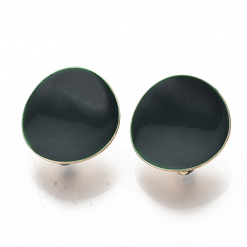 Light Gold Plated Iron Stud Earring Findings, with Enamel and Loop, Flat Round, Cadmium Free & Nickel Free & Lead Free, Dark Green, 20.5mm, Hole: 4mm, Pin: 0.9mm