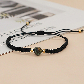 Synthetic Turquoise Round Braided Bead Bracelet, Black Adjustable Bracelet, Bead: 8mm