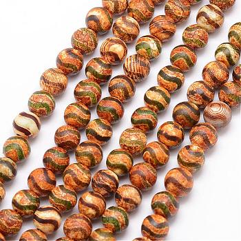 Tibetan Style Wave Pattern dZi Beads, Natural Weathered Agate Bead Strands, Round, Dyed & Heated, Sandy Brown, 8mm, Hole: 1mm, about 47pcs/strand, 15 inch
