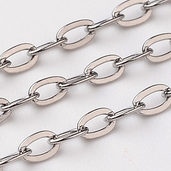 304 Stainless Steel Cable Chains, Soldered, Flat Oval, Stainless Steel Color, 3.6x2.3x0.5mm