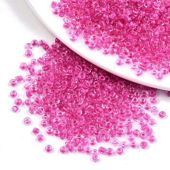 6/0 Glass Seed Beads, Transparent Inside Colours, Round Hole, Round, Deep Pink, 6/0, 4~5x2.5~4.5mm, Hole: 1.2mm, about 1000pcs/100g