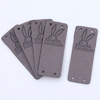 Microfiber Leather Labels, Handmade Embossed Tag, with Holes, for DIY Jeans, Bags, Shoes, Hat Accessories, Rectangle with Rabbit Pattern, Gray, 50x20mm