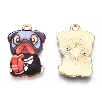 Printed Alloy Pendants, Light Gold, Read Book , Dog Charms, Black, 22.5x15x1.5mm, Hole: 1.6mm