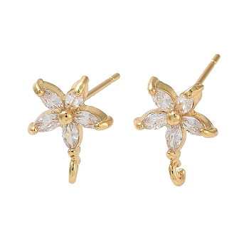 Brass Micro Pave Cubic Zirconia Studs Earring Findings, Long-Lasting Plated, Lead Free & Cadmium Free, Flower, Real 18K Gold Plated, 13x10mm, Hole: 1.2mm, Pin: 11.5x0.6mm