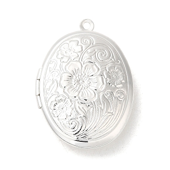 Rack Plating Brass Locket Pendants, Photo Frame Charms for Necklaces, Long-Lasting Plated, Oval with Flower Charm, Silver, 33x24x7mm, Hole: 1.6mm, Inner Diameter: 23.5x17.5mm