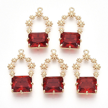 Golden Tone Brass Pendants, with Faceted Glass, Red, 28~30x16~18x6.5mm, Hole: 1.6mm