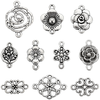 100Pcs 10 Styles Tibetan Style Alloy Connector Charms, Flower Links, Antique Silver, 12~26x8~21x1~3.5mm, Hole: 1.5~2mm, 10pcs/style