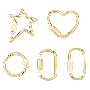5Pcs 5 Styles Brass Screw Carabiner Lock Charms, for Necklaces Making, Mixed Shapes, 20~27.5x14~24x1.5~2mm, Screw: 6~7.5x4x4.5~5.5mm, 1pc/style