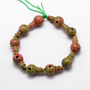 Natural Unakite 3-Hole Guru Bead Strands, for Buddhist Jewelry Making, T-Drilled Beads, 16.5~18mm, Hole: 2~3mm, 2pcs/set, 10sets/strand, 6.5 inch