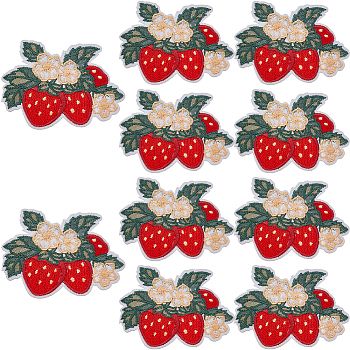 10Pcs Polyester Embroidered Cloth Patch, Computerized Embroidery Cloth Iron on/Sew on Patches, Costume Accessories, Appliques, Strawberry, Red, 50x68x1.5mm