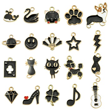20Pcs 20 Styles Alloy Enamel Pendants, Mixed Shapes, Black, 12.5~24.5x7~24.5x1~3mm, Hole: 1.5~2mm, 1pc/style