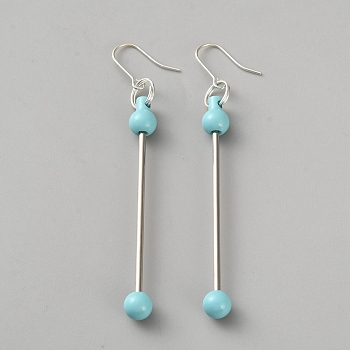 Iron & 201 Stainless Steel Dangle Earring Findings, Handmade Beaded Earrings, Round, Stainless Steel Color, Pale Turquoise, 79x8mm