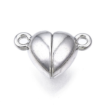 Brass Magnetic Clasps, Nickel Free, Heart, Platinum, 9.5x15x6mm, Hole: 1.5mm