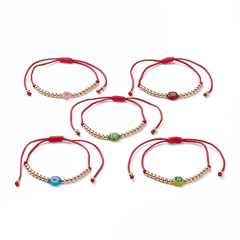 Adjustable Nylon Cord Braided Bead Bracelets, with Flat Round Millefiori Glass Beads and Golden Plated Brass Round Beads, Mixed Color, Inner Diameter: 1~3-5/8 inch(2.5~9.2cm)