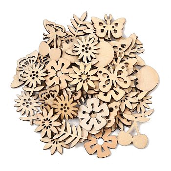 Unfinished Wooden Cutouts, Plants with Butterfly, DIY Craft Supplies, Mixed Shapes, BurlyWood, 19.5~33x20~30.5x2.5mm, about 50pcs/bag