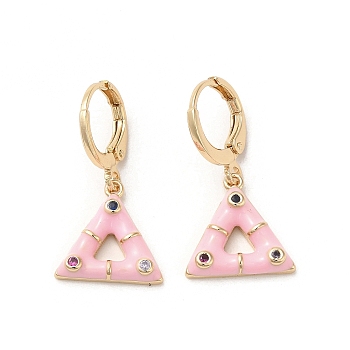 Triangle Real 18K Gold Plated Brass Dangle Leverback Earrings, with Enamel and Cubic Zirconia, Pink, 27x13.5mm