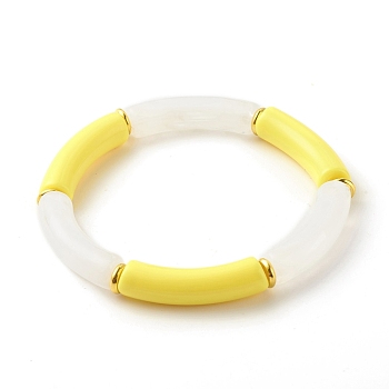 Acrylic Tube Beaded Stretch Bracelets, with Brass Beads, Gold, Inner Diameter: 2-1/8 inch(5.5cm)