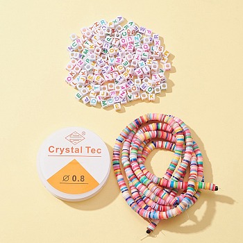 DIY Preppy Bracelet Making Kit, Including Handmade Polymer Clay Heishi & Acrylic Letter Beads, Elastic Thread, Mixed Color