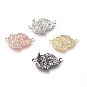 Brass Micro Pave Cubic Zirconia Links connectors, Leaf, Clear, Mixed Color, 13.5x23.5x3.5mm, Hole: 1.5mm