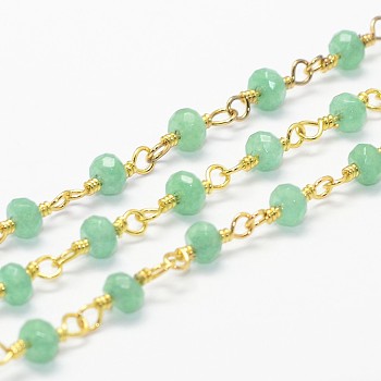 Natural White Jade Beaded Chains, Handmade Chains, with Spool, Unwelded, Dyed, Faceted Rondelle, with Brass Findings, Golden, Turquoise, 4x3mm, about 16.4 Feet(5m)/roll