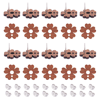 Unicraftale 30Pcs Walnut Wood Flower Stud Earring Findings, with 316 Stainless Steel Pins and Hole and 30Pcs 304 Stainless Steel Ear Nuts, Sienna, 17x18mm, Hole: 1.8mm, Pin: 0.7mm