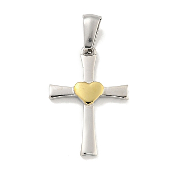 304 Stainless Steel Pendants, Cross with Heart Charm, Golden & Stainless Steel Color, 23.5x16x2.5mm, Hole: 7x3.5mm