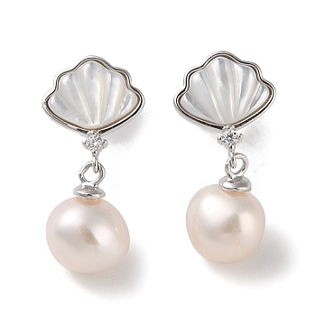 Sterling Silver Stud Earrings, with Natural Pearl and Cubic Zirconia, Shell Shape, Platinum, 20.5x9.5mm