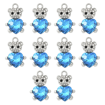 10Pcs Alloy Glass Pendants, Bear with Heart, Faceted, with Rhinestone, Deep Sky Blue, 21.1x14.3mm