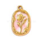 304 Stainless Steel Enamel Pendants, Oval Charms, Ion Plating(IP), Real 18K Gold Plated, Pink, 24x15mm, Hole: 2mm(STAS-OY017-04G)