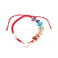 Natural Mixed Stone & Freshwater Pearl Braided Bead Bracelets, Brass Heart Link Bracelet for Men Women, Red, Inner Diameter: 2~3-5/8 inch(5.1~9.1cm)(BJEW-JB08720-03)