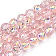 Transparent Electroplate Glass Beads Strands, Faceted, Half AB Color Plated, Round, Pink, 8x7~7.5mm, Hole: 1.0mm, about 70~71 pcs/strand, 20.20~21.85 inch(51.3~55.5cm)(EGLA-N012-001-B06)