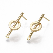 Brass Stud Earring Findings, with Loops, Nickel Free, Bar with Ring, Real 18K Gold Plated, 20.5x8mm, Hole: 1mm, Pin: 0.7mm(KK-R132-059-NF)