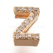 Golden Plated Brass Micro Pave Cubic Zirconia Slide Charms, Letter, Clear, Letter.Z, 7~7.5x1.5~6.5x3mm, Hole: 6x1mm(ZIRC-L075-61Z-G)