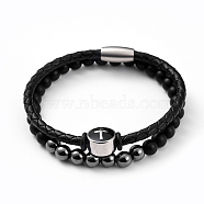 Unisex Leather Cord Bracelet and Stretch Bracelet Jewelry Sets, Stackable Bracelets, with Natural Black Agate & Non-magnetic Hematite Beads, 304 Stainless Steel Magnetic Clasps and Enamel Beads, with Burlap Bag, 2-1/8 inch(5.5cm), 7-5/8 inch(19.5cm), 2pcs/set(BJEW-JB04786-03)