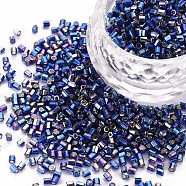 Glass Bugle Beads, Silver Lined Colours Rainbow, Blue, 2.5~3x2mm, Hole: 0.9mm, about 15000pcs/pound(SEED-S032-09A-641)