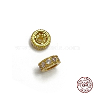 925 Sterling Silver Spacer Beads, with Clear Cubic Zirconia, Column, Real 18K Gold Plated, 6x2.3mm, Hole: 1.4mm(STER-K176-09G-01)