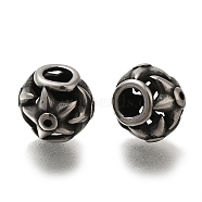 304 Stainless Steel European Beads, Large Hole Beads, Rondelle with Flower, Antique Silver, 10x8.5mm, Hole: 4mm(STAS-D191-12A-AS)