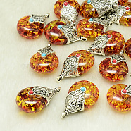 Resin Pendants, with Antique Silver Alloy Findings, Imitation Amber, Sienna, 35~36x22~22.5x17mm, Hole: 2.5~3mm(X-RESI-T009-A01)