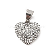 304 Stainless Steel Pendants, with Crystal Rhinestone, Heart Charms, Stainless Steel Color, 18x18x5.5mm, Hole: 7.5x4.5mm(STAS-K243-24P)