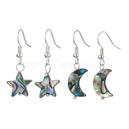 Natural Abalone Shell/Paua Shell Dangle Earring, with Iron Earring Hooks Finding, Star/Moon, Silver, 34~36.5x11~13mm, 2 pairs/set(EJEW-JE05915)