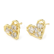 Cubic Zirconia Heart Stud Earrings, Brass Earrings for Women, Real 18K Gold Plated, 11x13mm(EJEW-G353-03G)